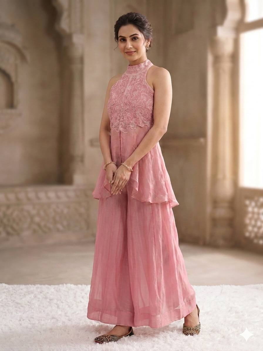 Elegant Blush Pink Peplum Kurti and Flared Palazzo Set Embellished with Delicate Resham Embroidery and Mirror Work